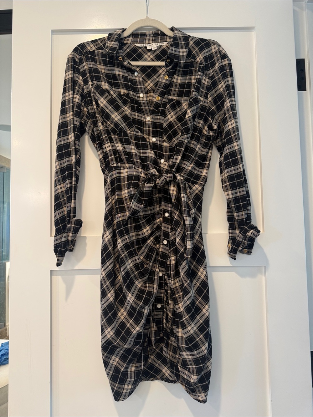 Veronica Beard Black and Cream Plaid Tie-Waist Shirt Dress